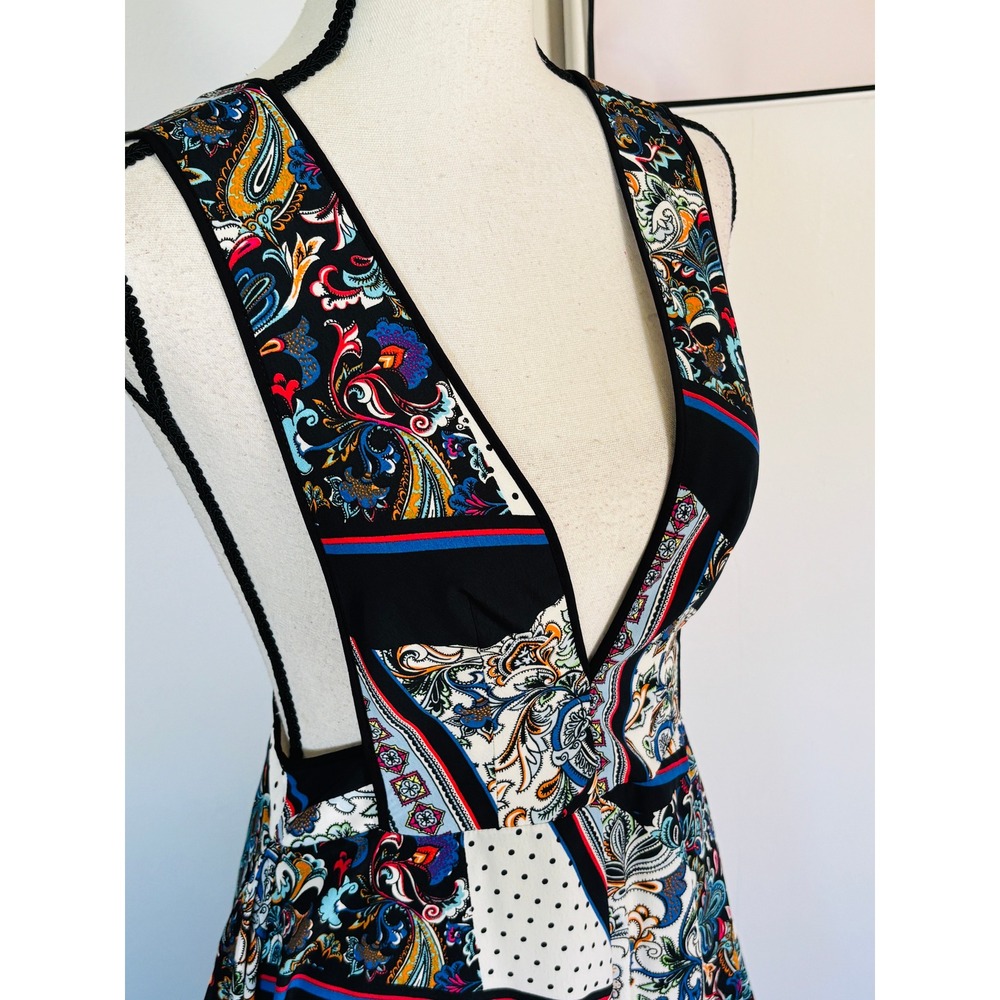 Topshop Blue Paisley Patchwork Pinafore Midi Sz 4 Halter Plunge Neck Boho - Picture 3 of 10